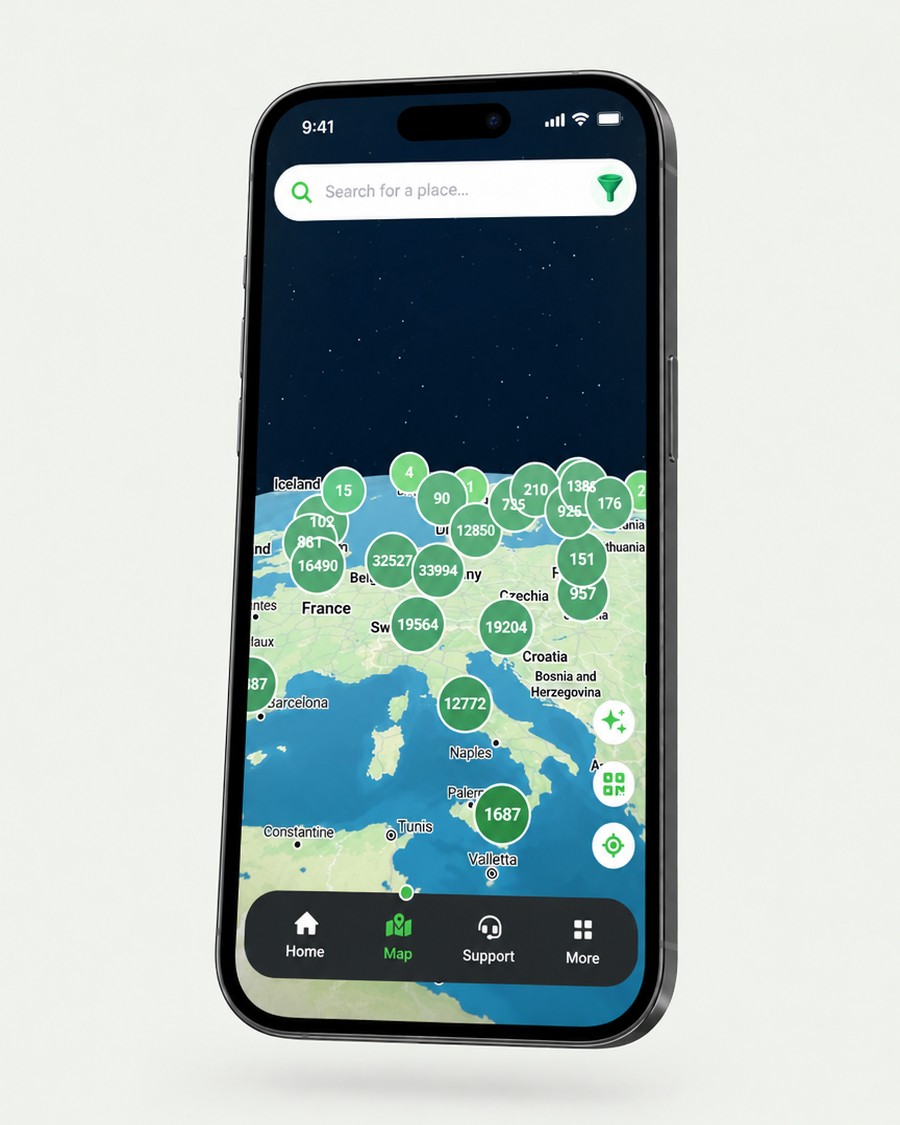 EVDC app map showing charge points across Europe