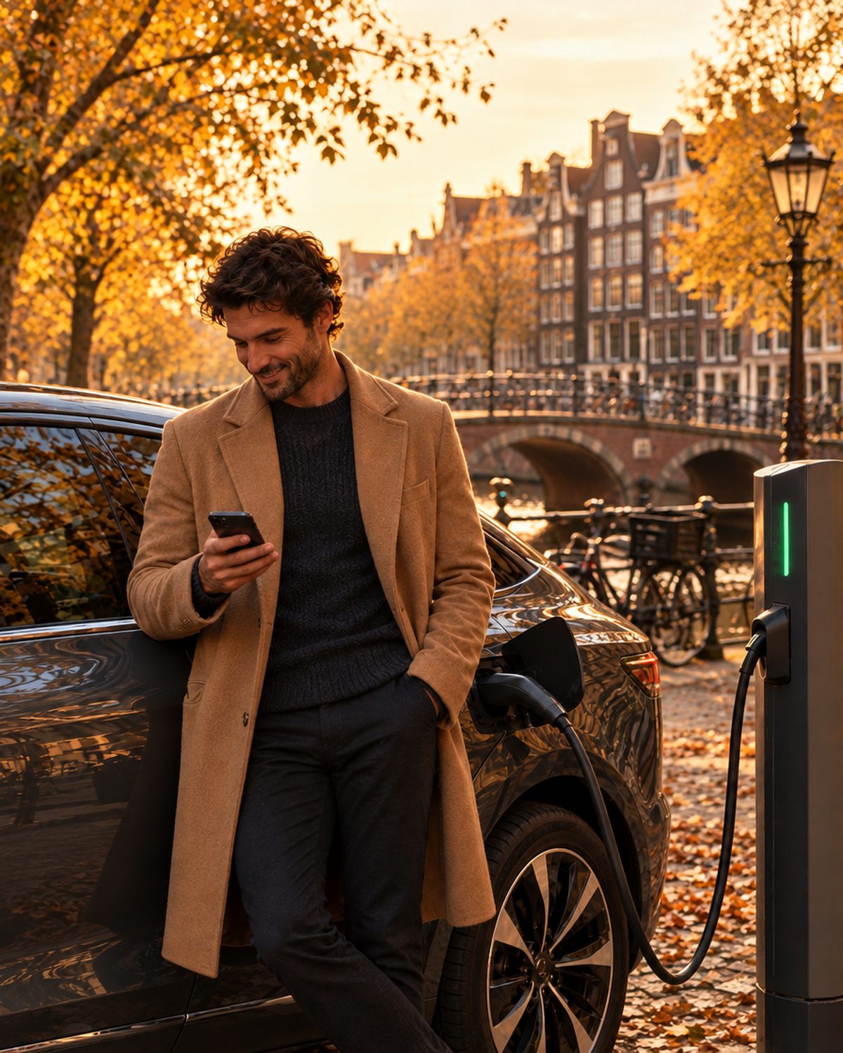 Driver checking his phone beside his electric car at a street charger by an Amsterdam canal in autumn