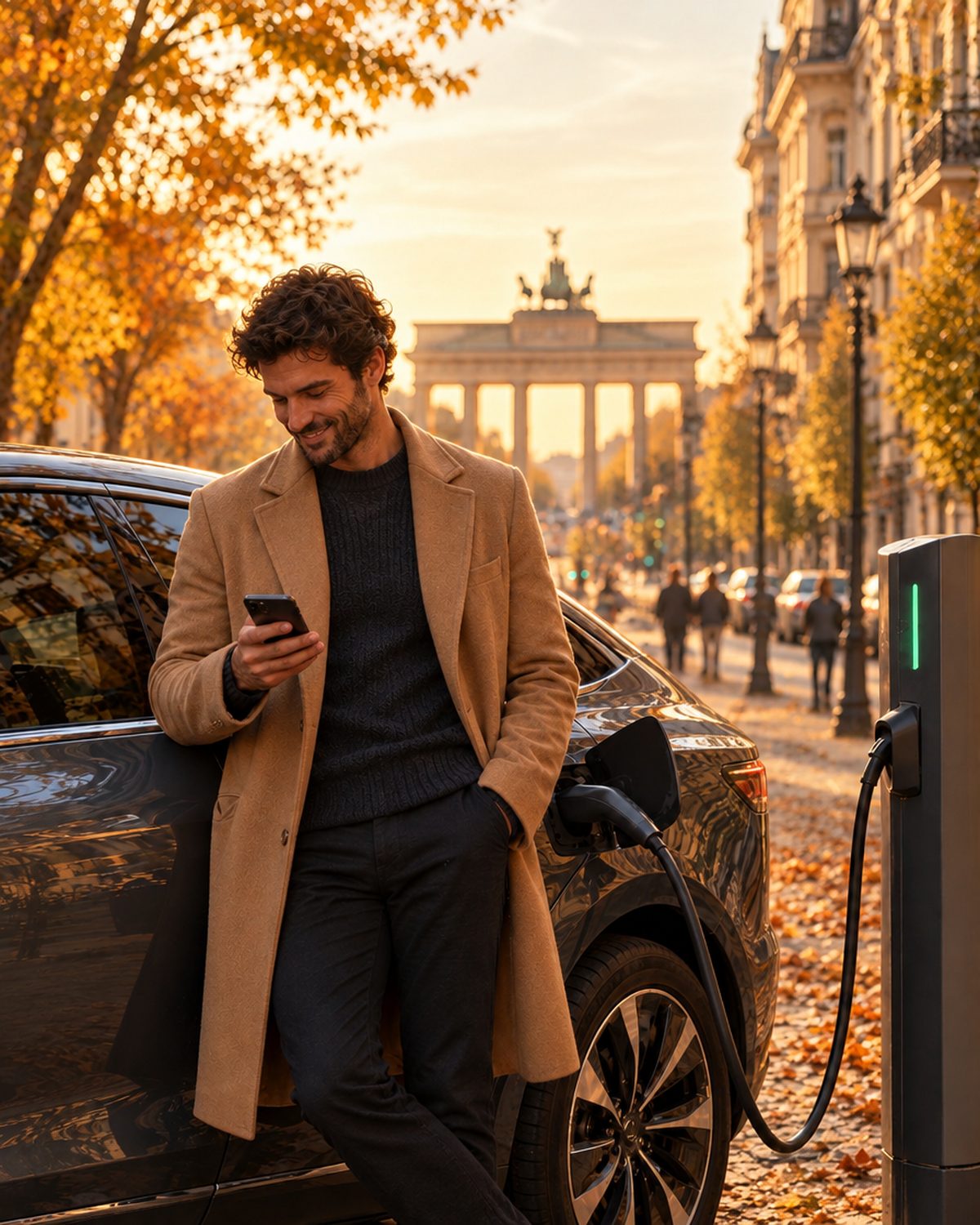 Driver checking his phone beside his electric car at a street charger in Berlin in autumn, the Brandenburg Gate behind him