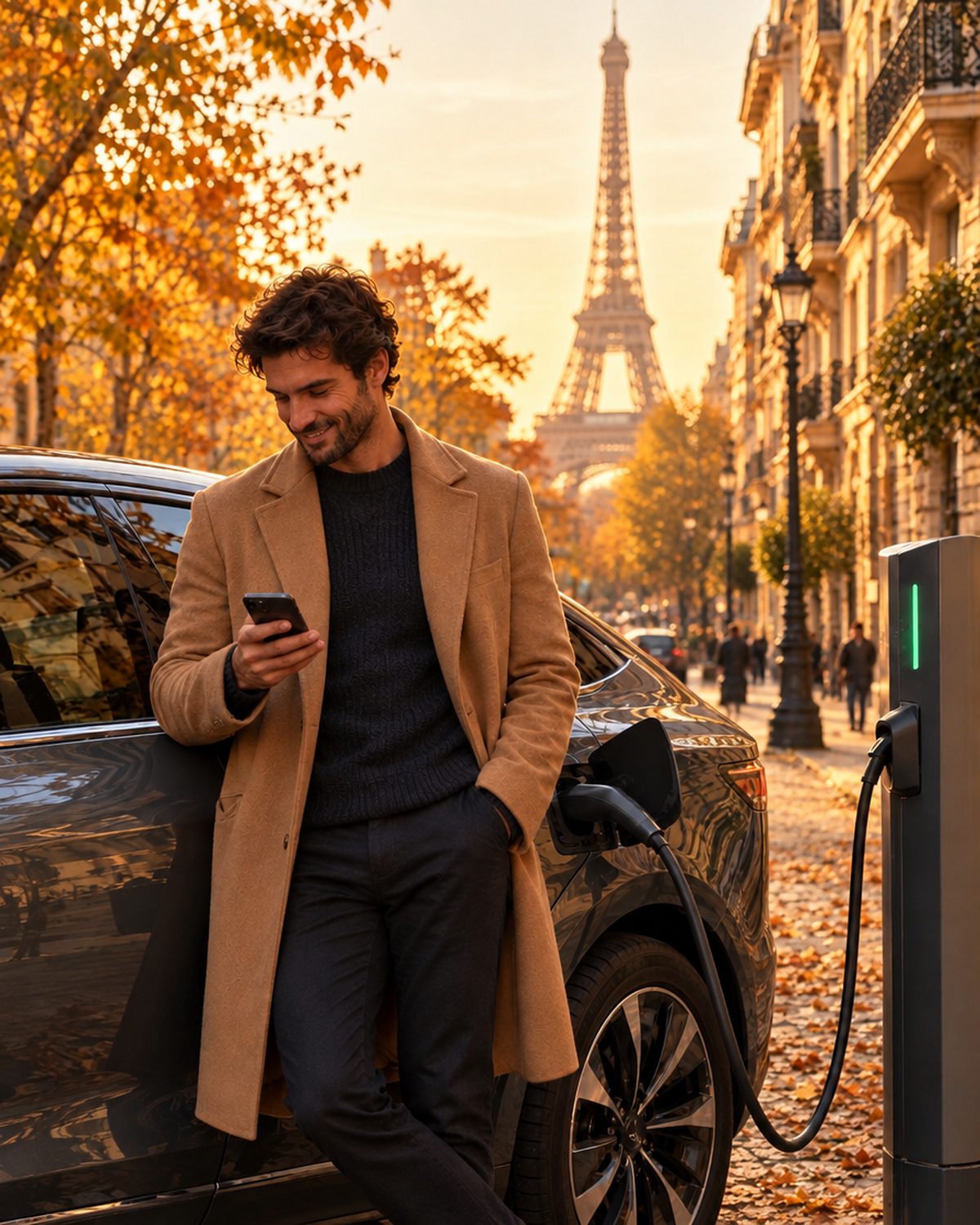Conducteur qui regarde son téléphone à côté de sa voiture électrique sur une borne de recharge à Paris en automne, la tour Eiffel en arrière-plan