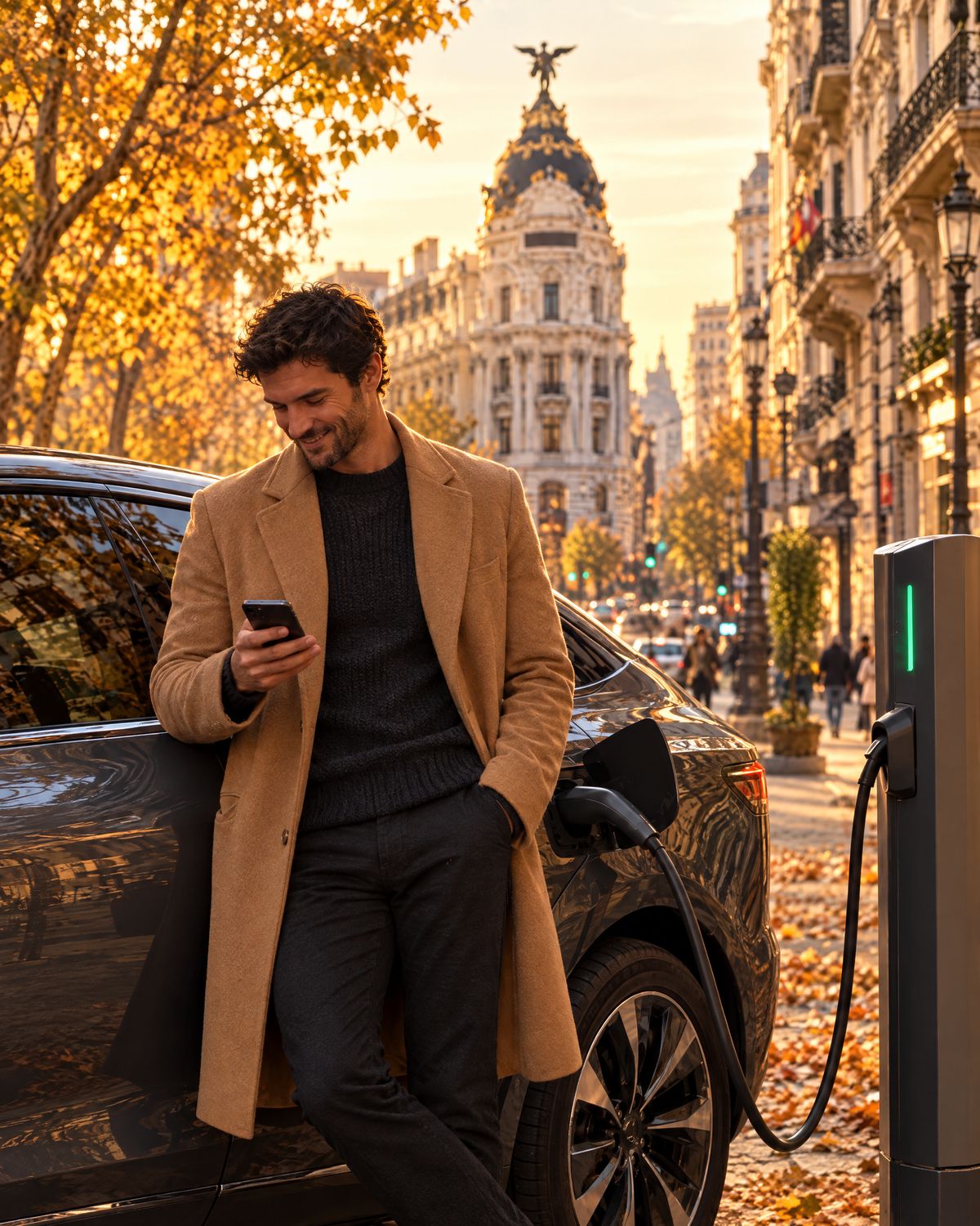 Driver checking his phone beside his electric car at a street charger in Madrid in autumn